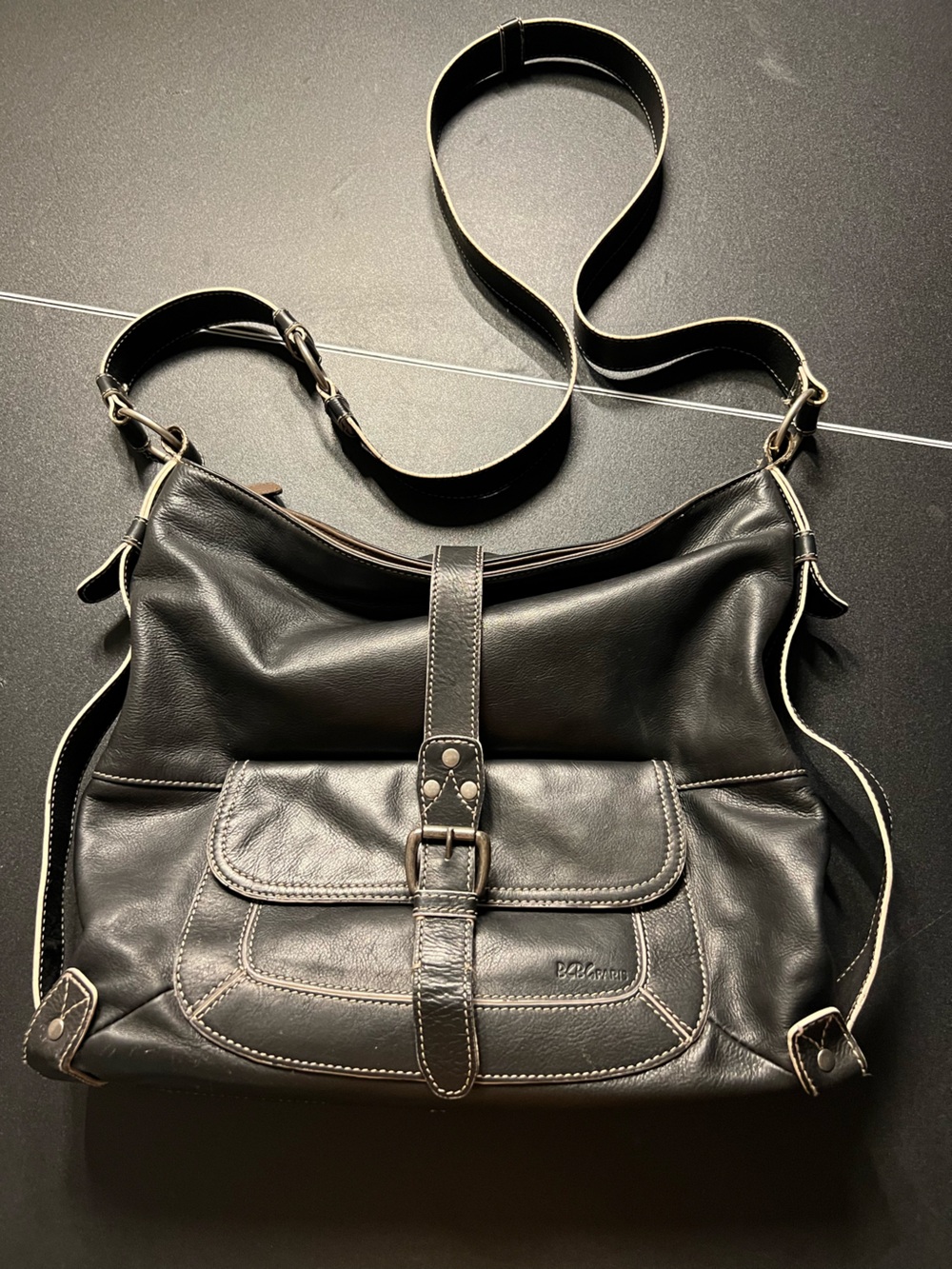 Vintage BCBG Black Leather Shoulder Tote with Buckle Front Pocket